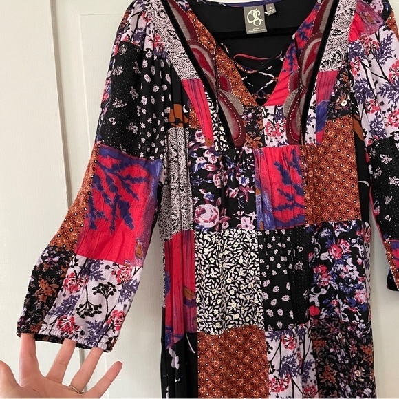 Anthropologie One September Blue, Purple, Patchwork Orange Lace Up Tunic Dress - Picture 5 of 15